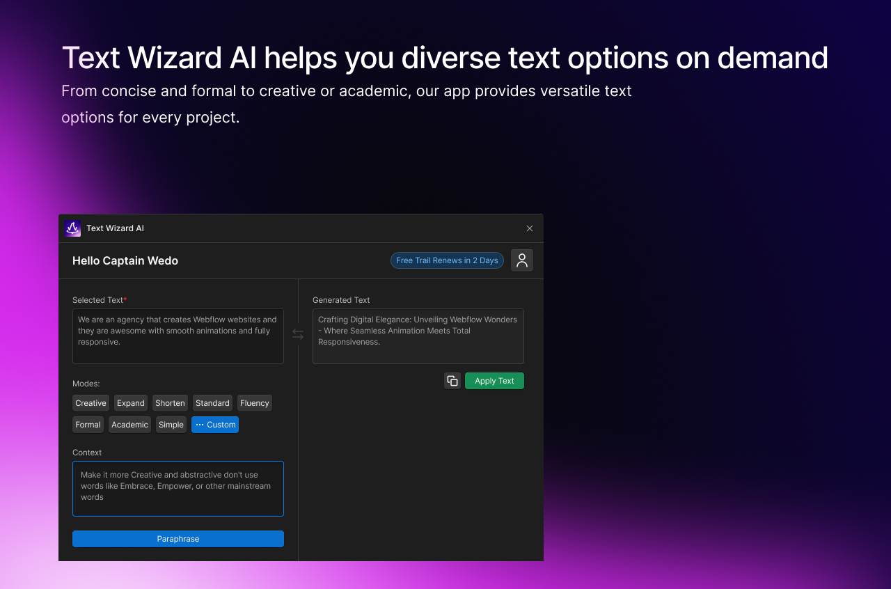 Webflow app – Text Wizard AI build by Azwedo.